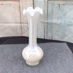 Vintage White Opalescent Glass Vase With Ruffled Edge